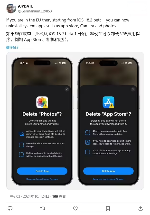 内江苹果手机维修分享iOS 18.2 支持删除 App Store 应用商店 